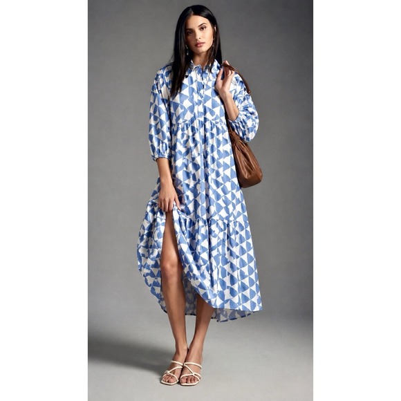 Anthropologie Dresses & Skirts - Maeve Anthropologie The Bettina Tiered Shirt Dress Blue White Geometric
